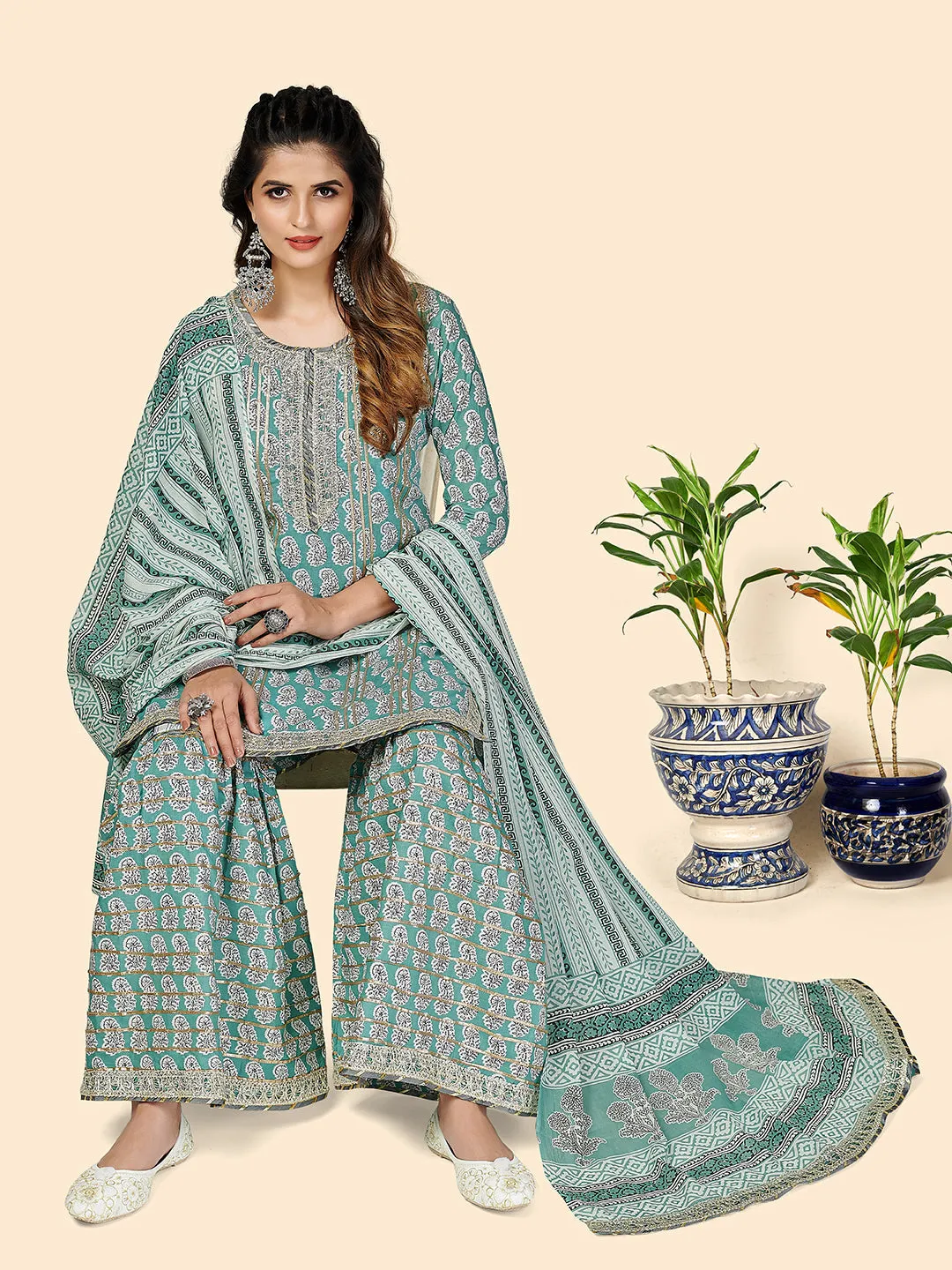 Women'S Printed & Gota Patti Work Straight Cotton Aqua Stitched Kurta Sharara With Dupatta