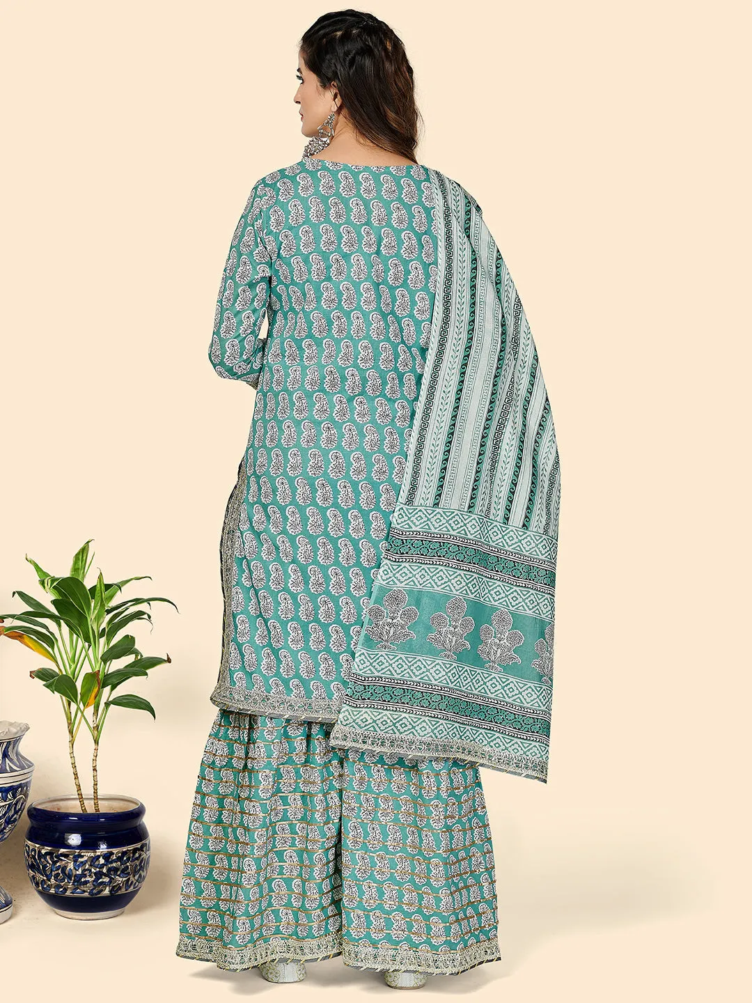 Women'S Printed & Gota Patti Work Straight Cotton Aqua Stitched Kurta Sharara With Dupatta