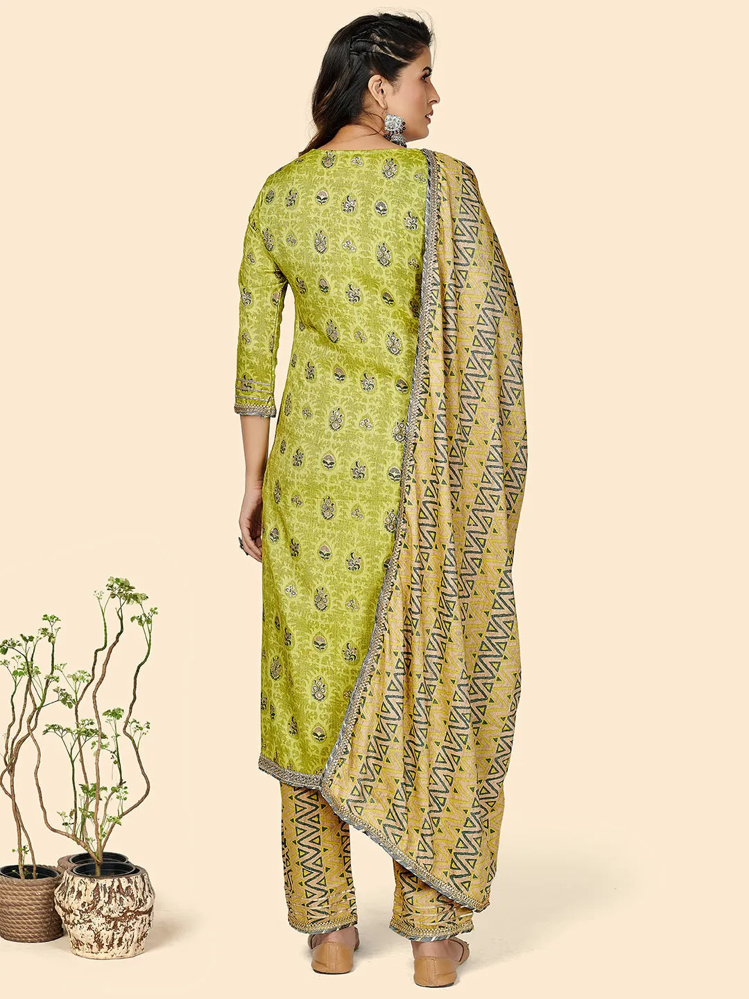 Women'S Printed & Gota Patti Work Straight Rayon Parrot Green Stitched Kurta Pant With Dupatta