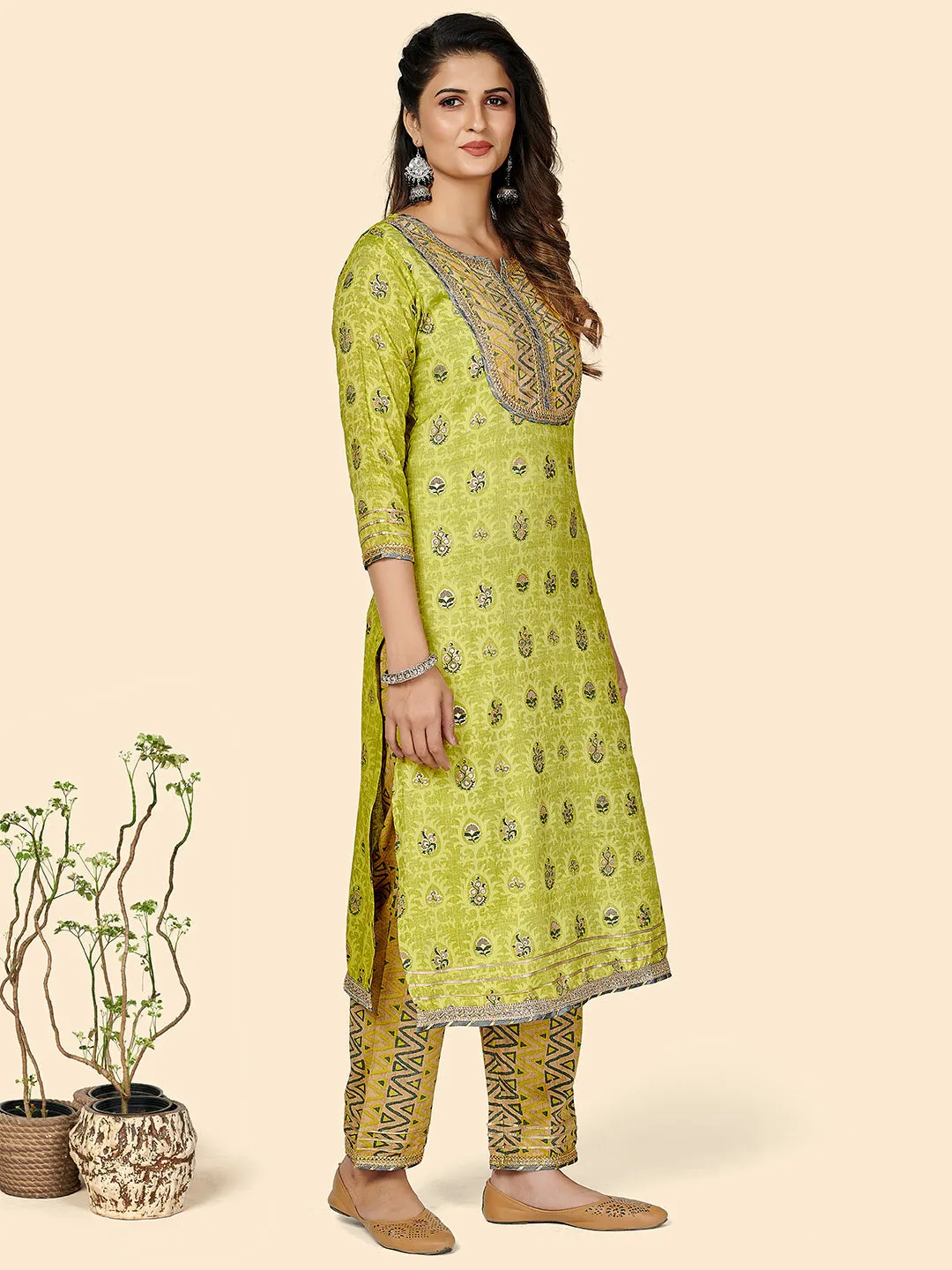 Women'S Printed & Gota Patti Work Straight Rayon Parrot Green Stitched Kurta Pant With Dupatta