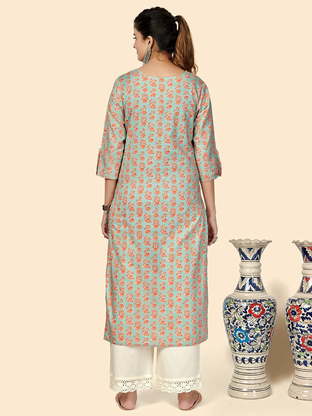 Women'S Printed & Hand Work Straight Cotton Green Stitched Kurta