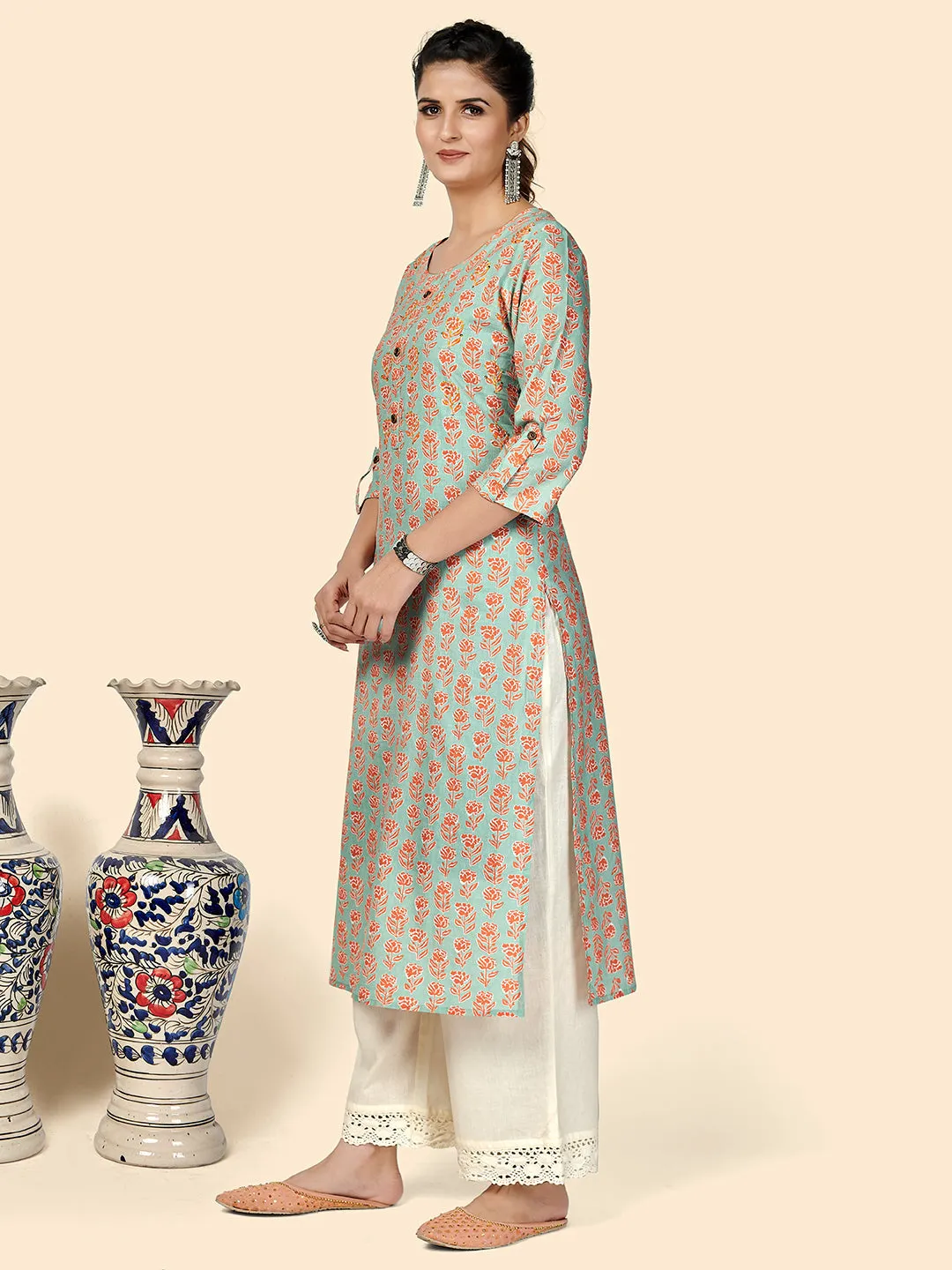 Women'S Printed & Hand Work Straight Cotton Green Stitched Kurta